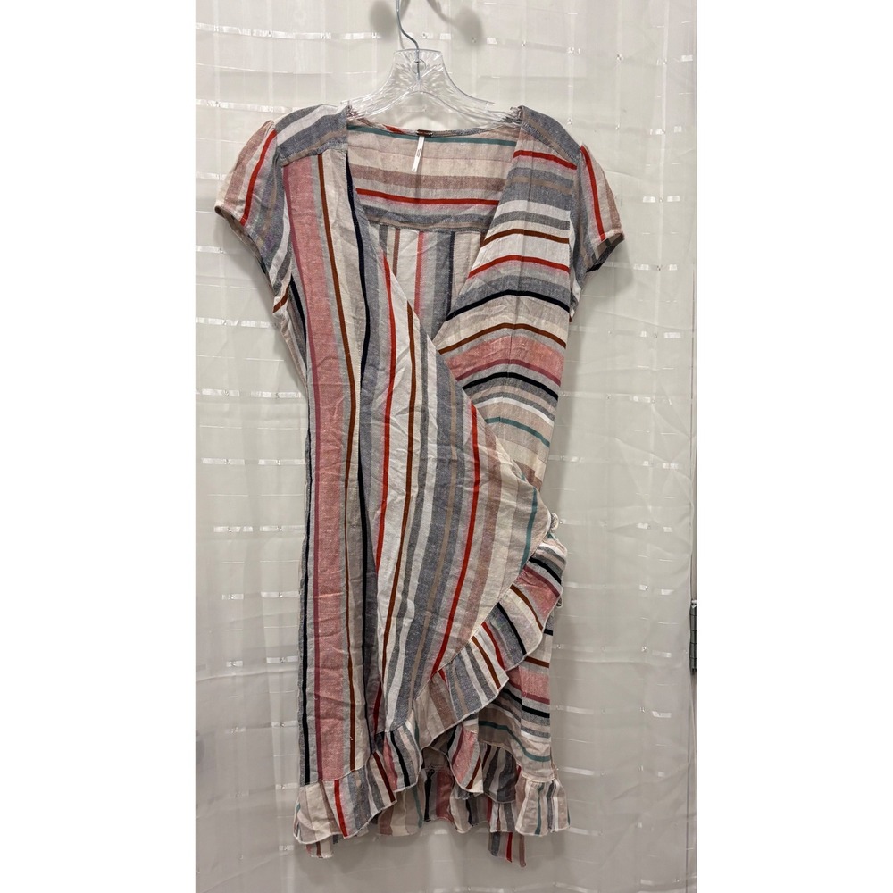 Free People Multi Color Striped Ruffle Wrap Mini Dress Small Short Sleeve Boho
